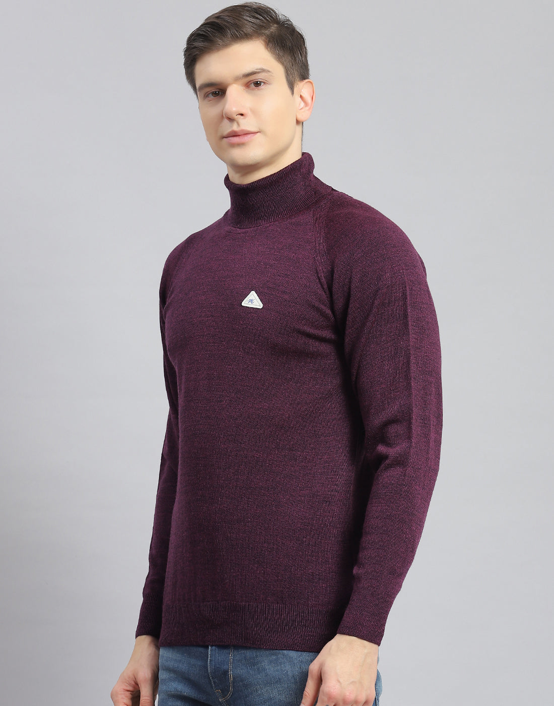 Men Purple Solid High Neck Full Sleeve Pullover