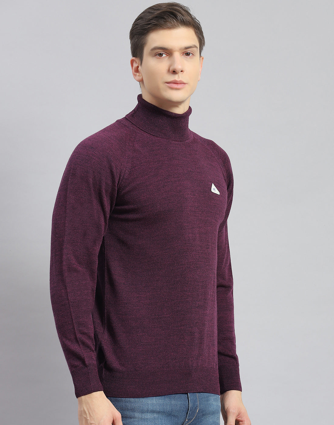 Men Purple Solid High Neck Full Sleeve Pullover