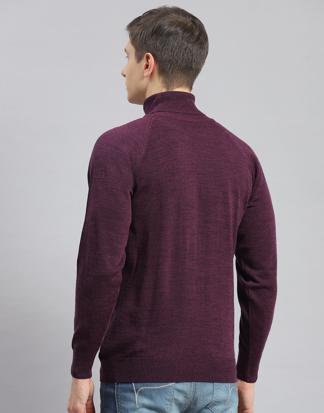 Men Purple Solid High Neck Full Sleeve Pullover