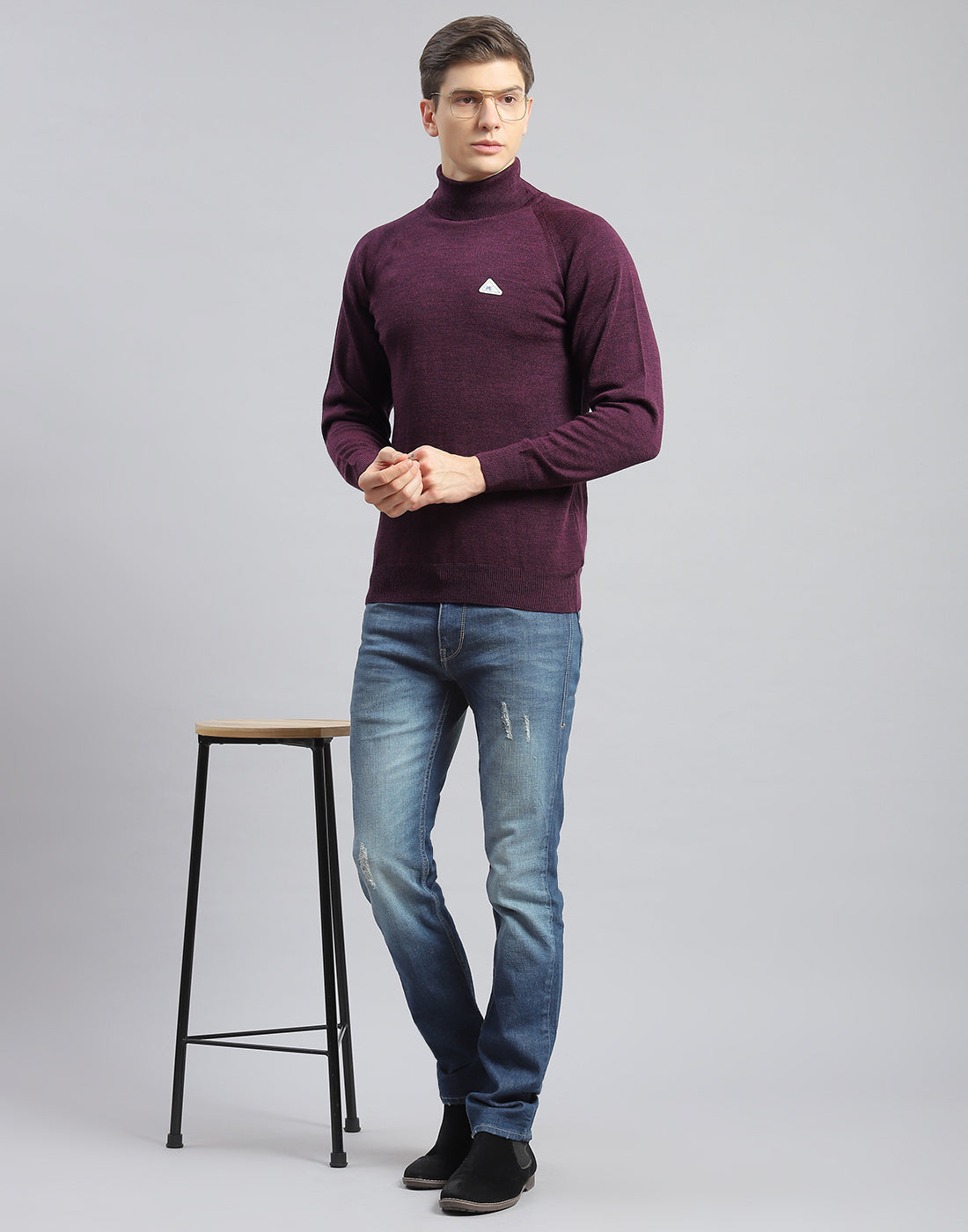 Men Purple Solid High Neck Full Sleeve Pullover