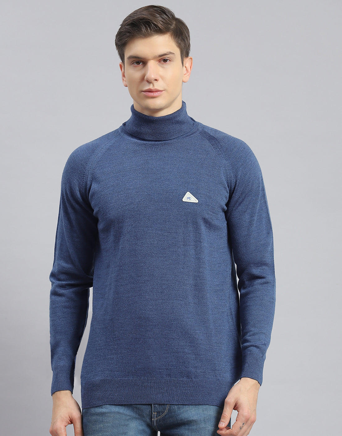 Men Teal Blue Solid High Neck Full Sleeve Pullover