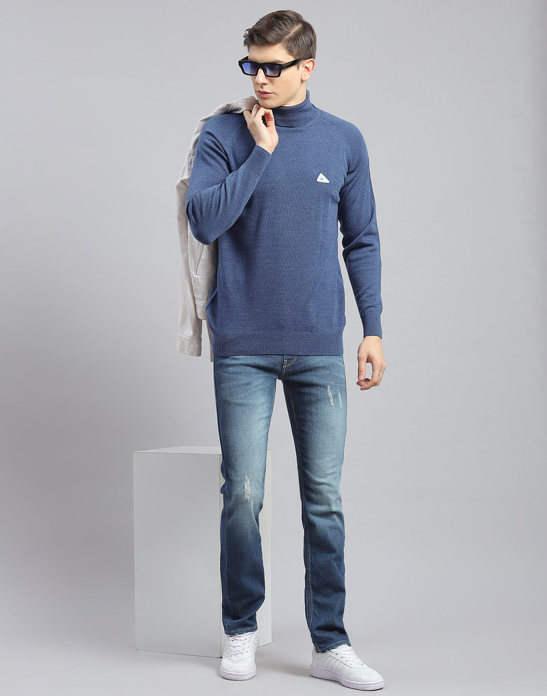 Men Teal Blue Solid High Neck Full Sleeve Pullover