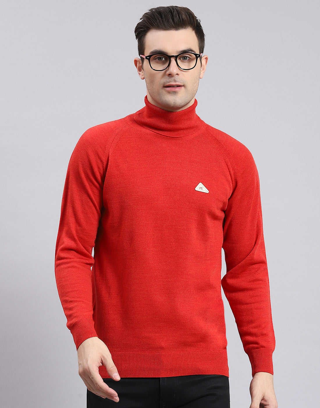 Men Red Solid High Neck Full Sleeve Pullover