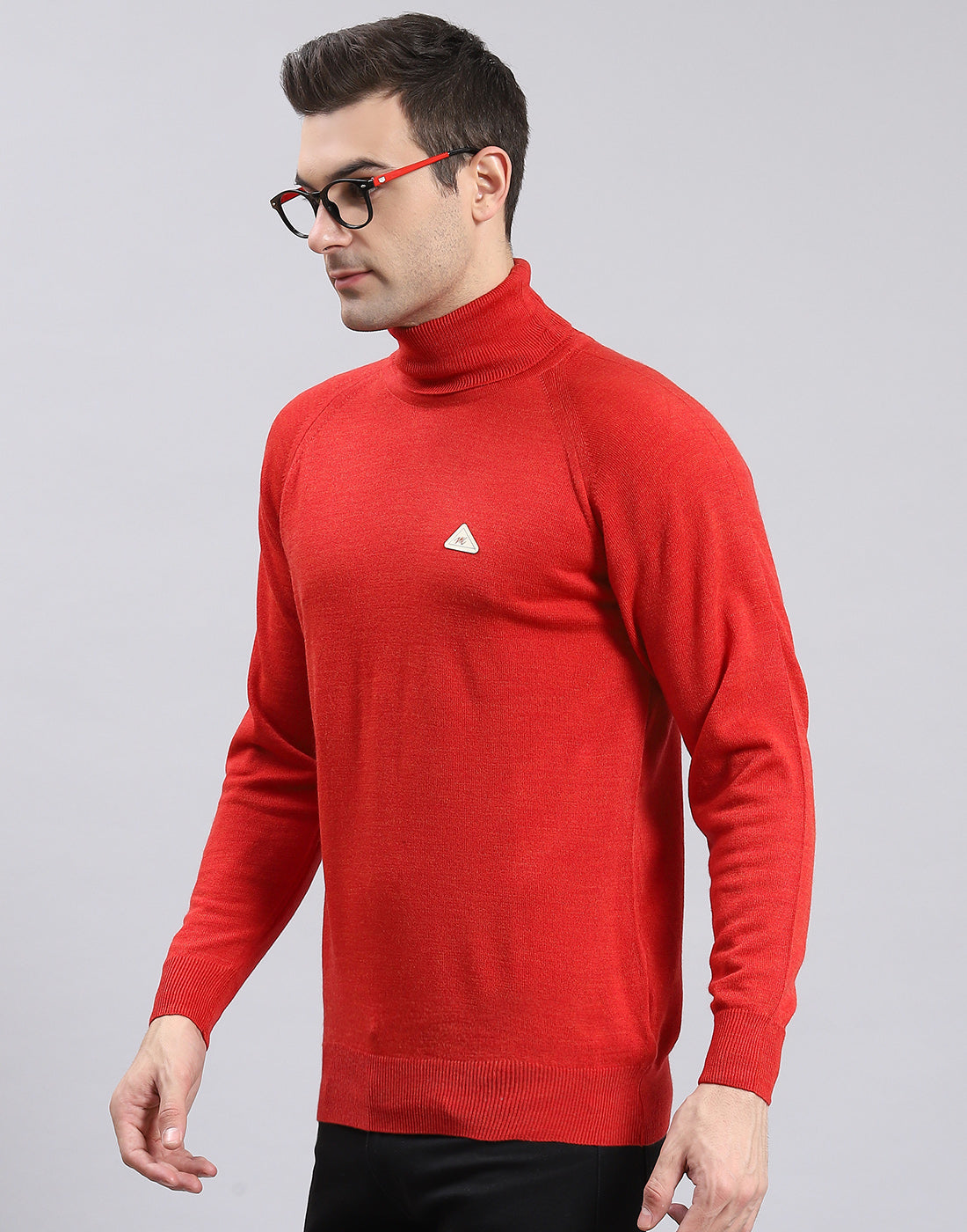 Men Red Solid High Neck Full Sleeve Pullover