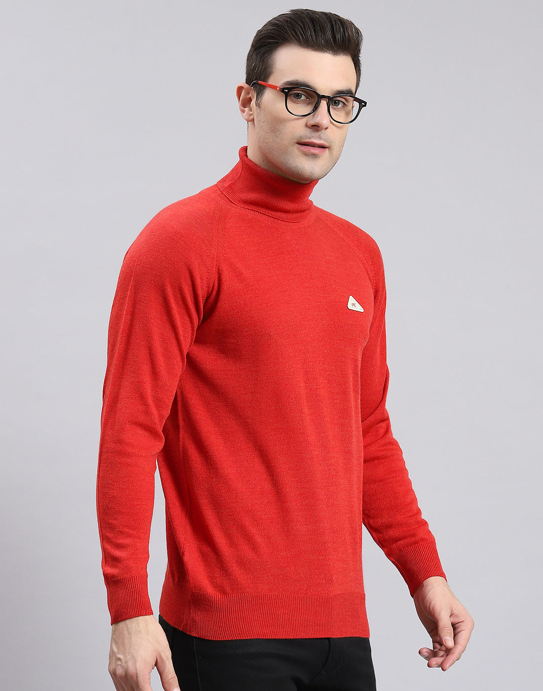 Men Red Solid High Neck Full Sleeve Pullover