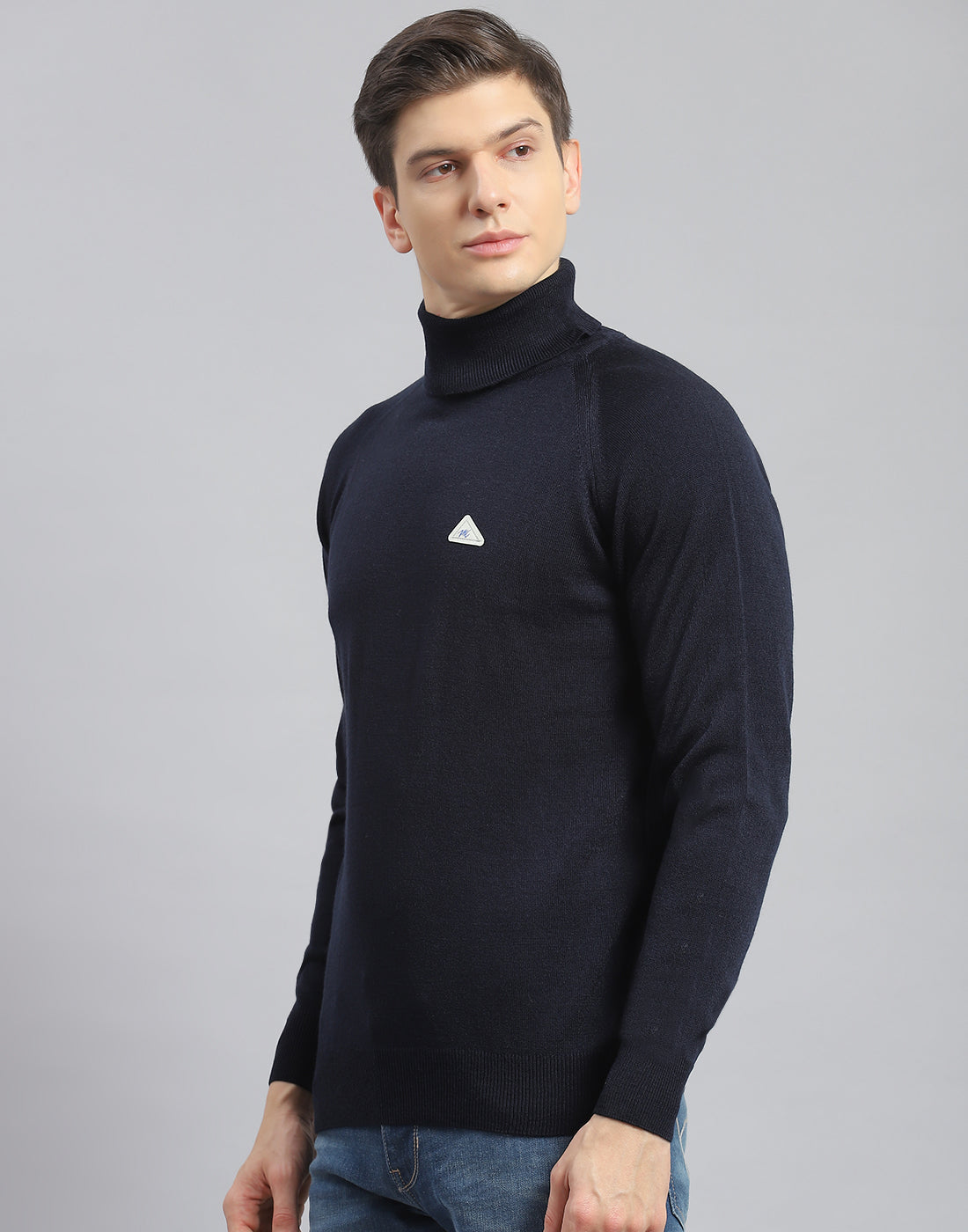 Men Navy Blue Solid High Neck Full Sleeve Pullover