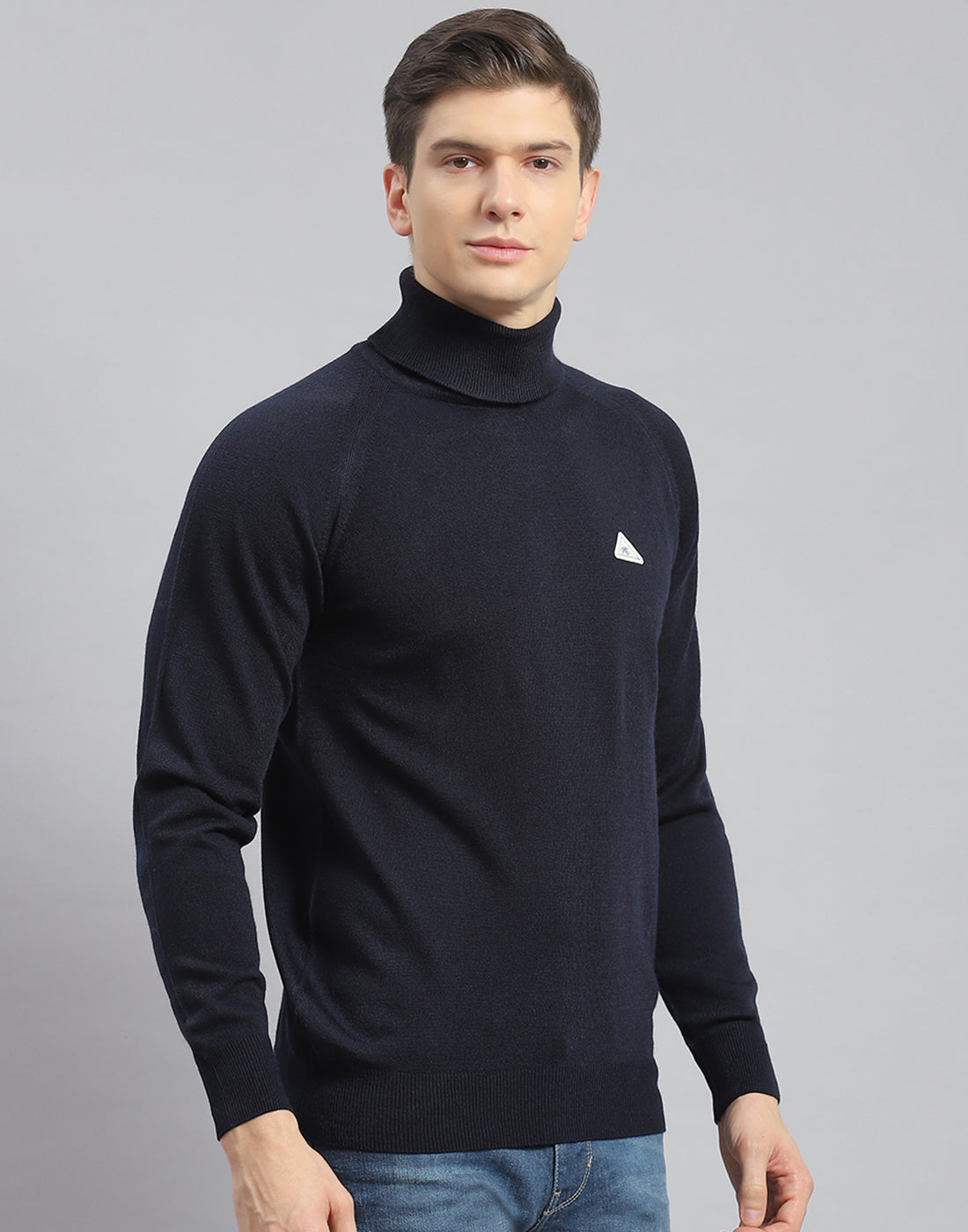 Men Navy Blue Solid High Neck Full Sleeve Pullover