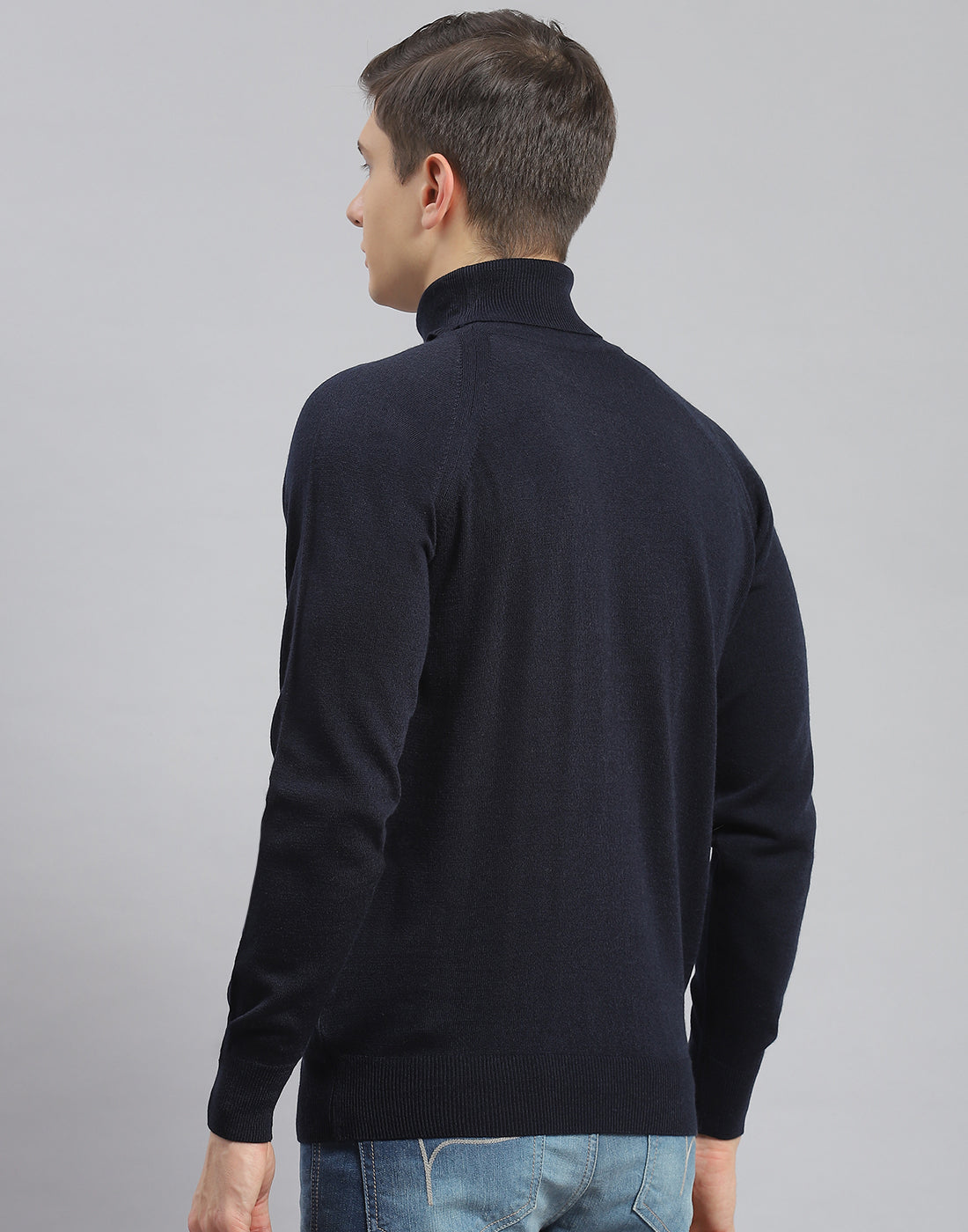 Men Navy Blue Solid High Neck Full Sleeve Pullover