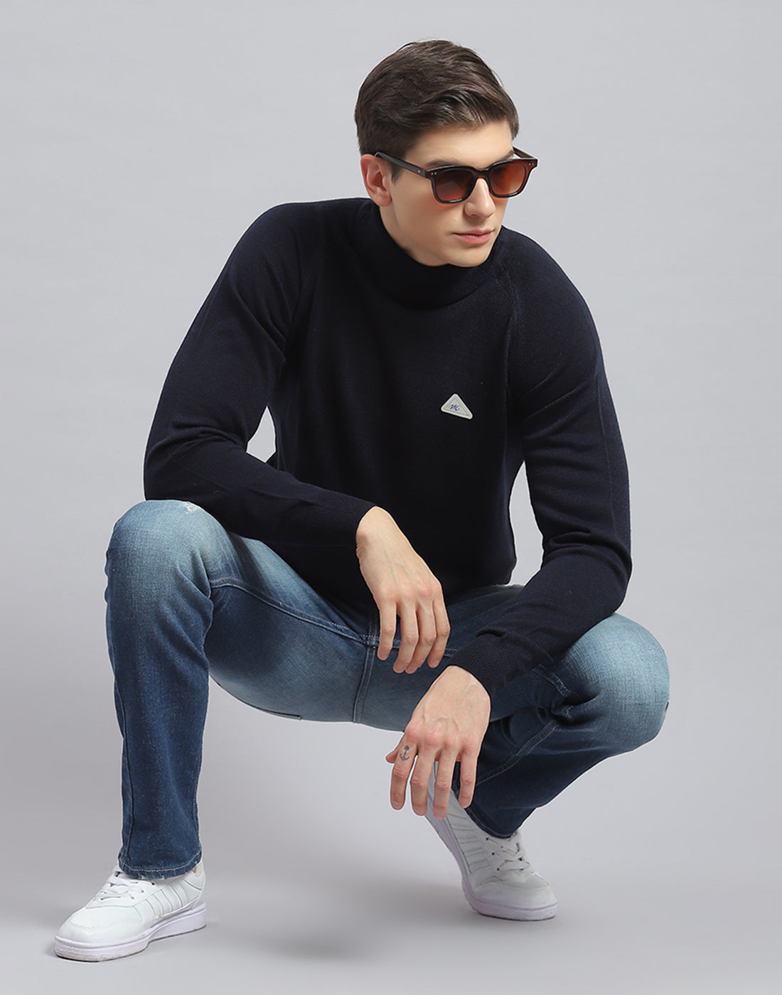 Men Navy Blue Solid High Neck Full Sleeve Pullover