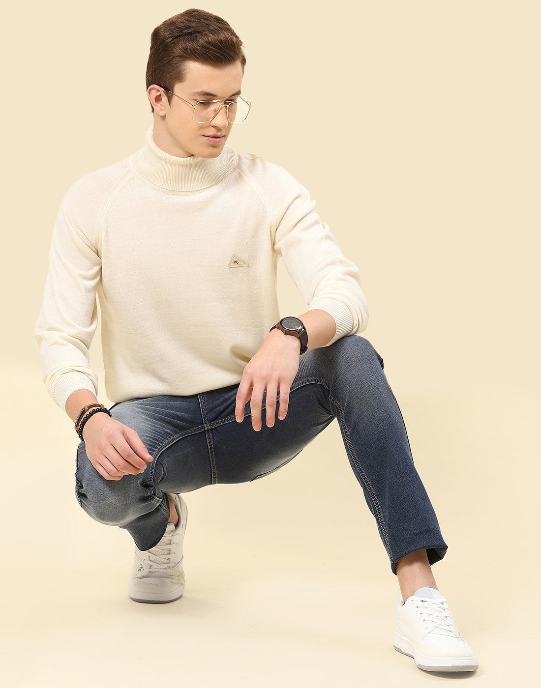 Men Cream Solid High Neck Full Sleeve Pullover