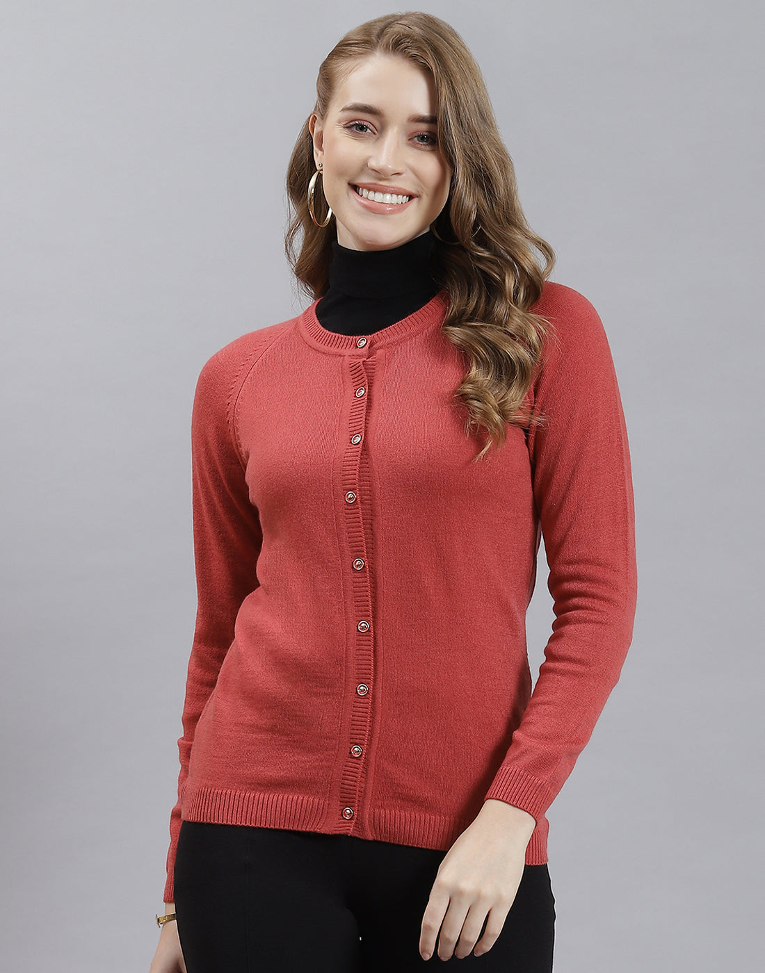 Women Rust Solid Round Neck Full Sleeve Cardigan