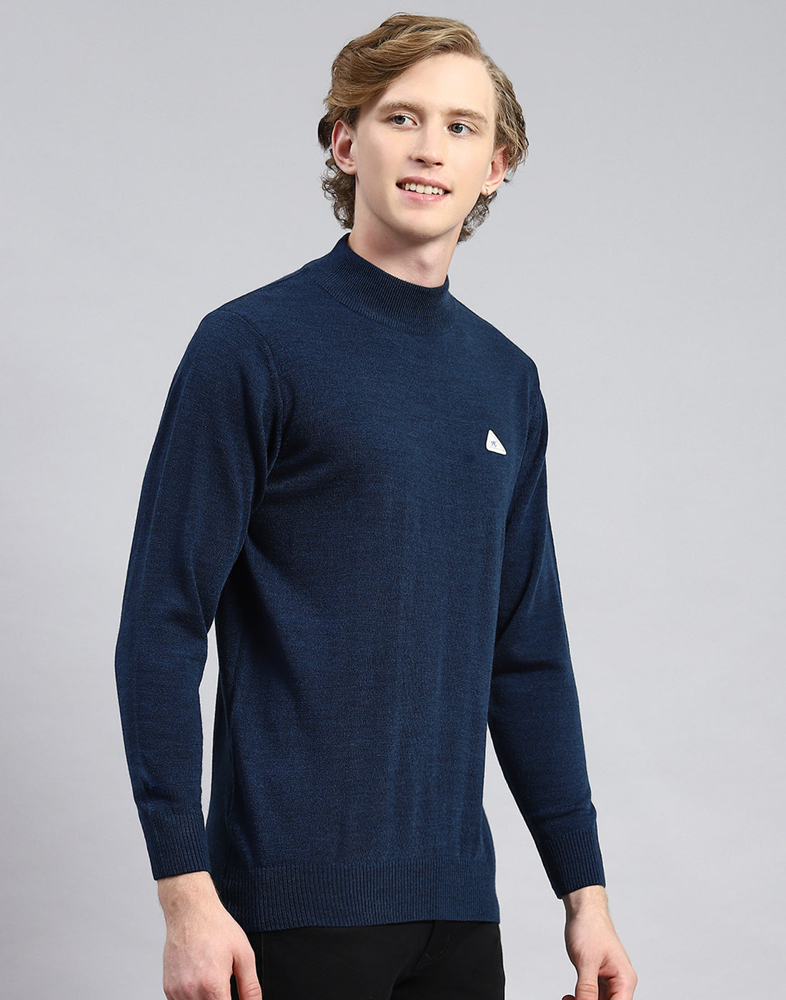 Men Blue Solid Turtle Neck Full Sleeve Pullover