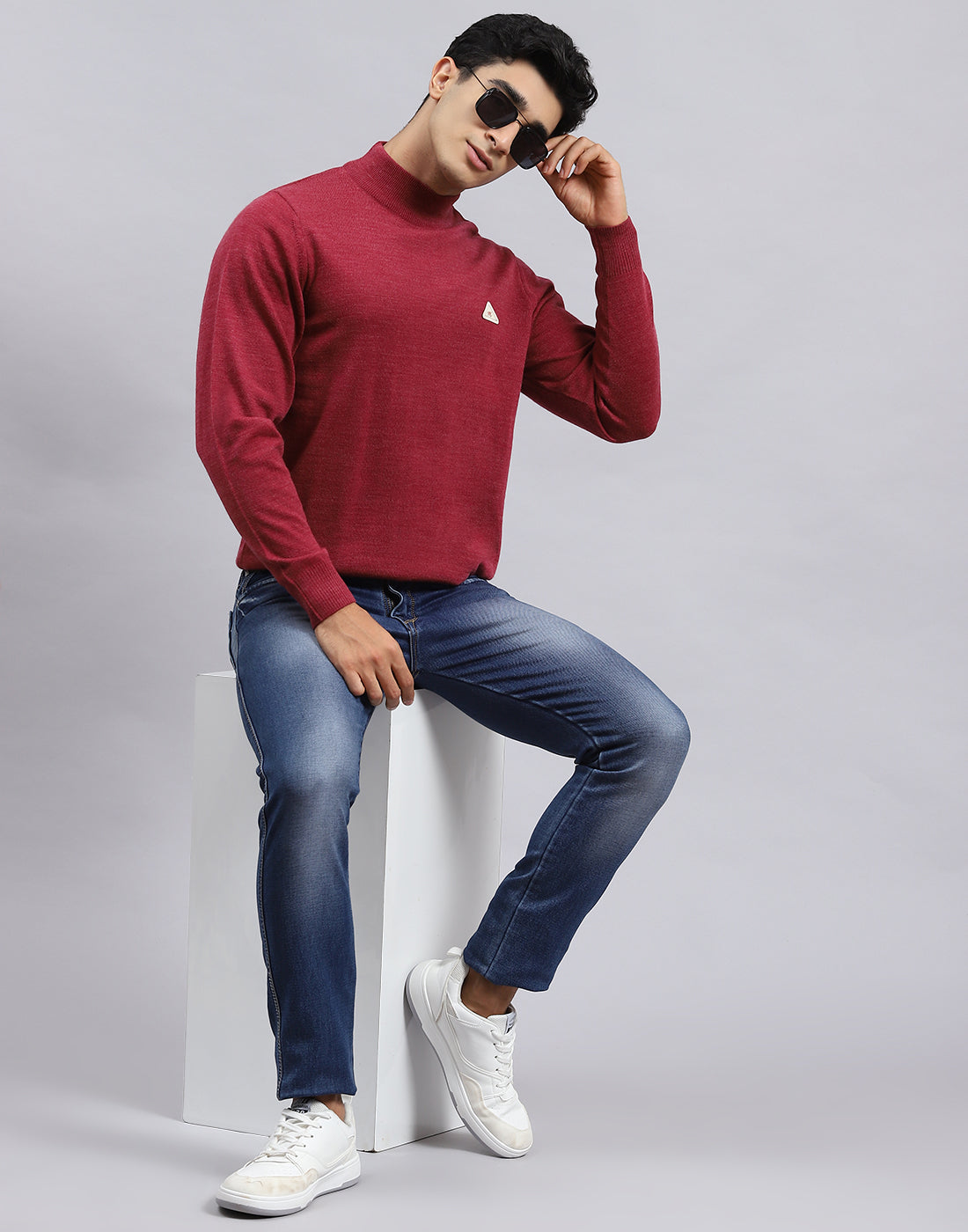 Men Red Solid Turtle Neck Full Sleeve Pullover