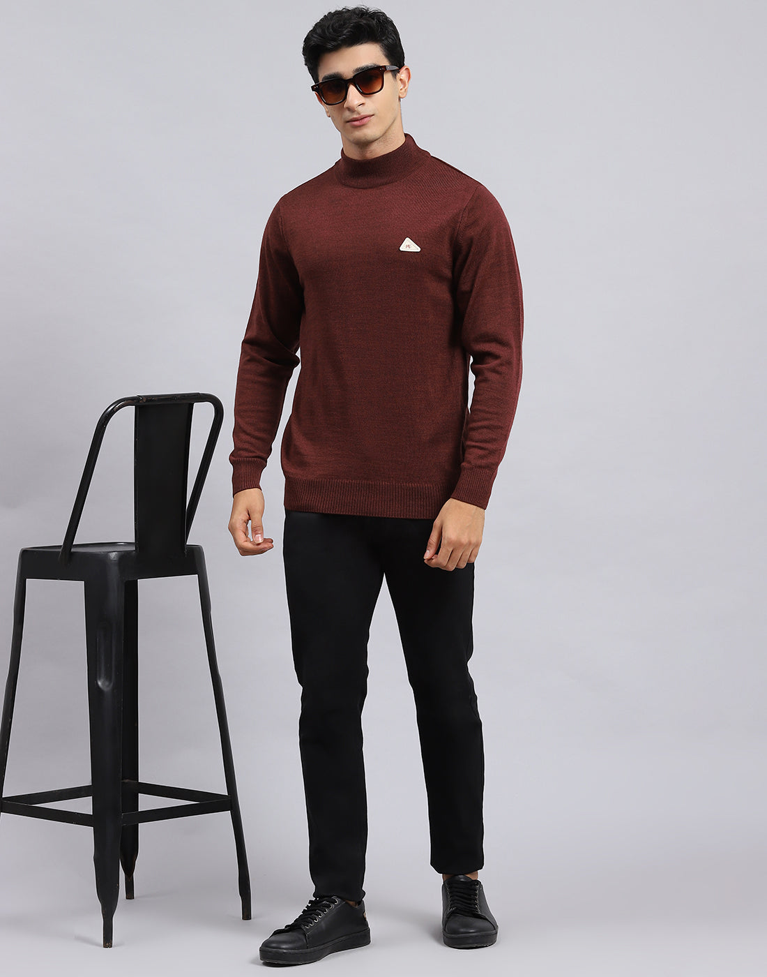 Men Rust Solid Turtle Neck Full Sleeve Pullover