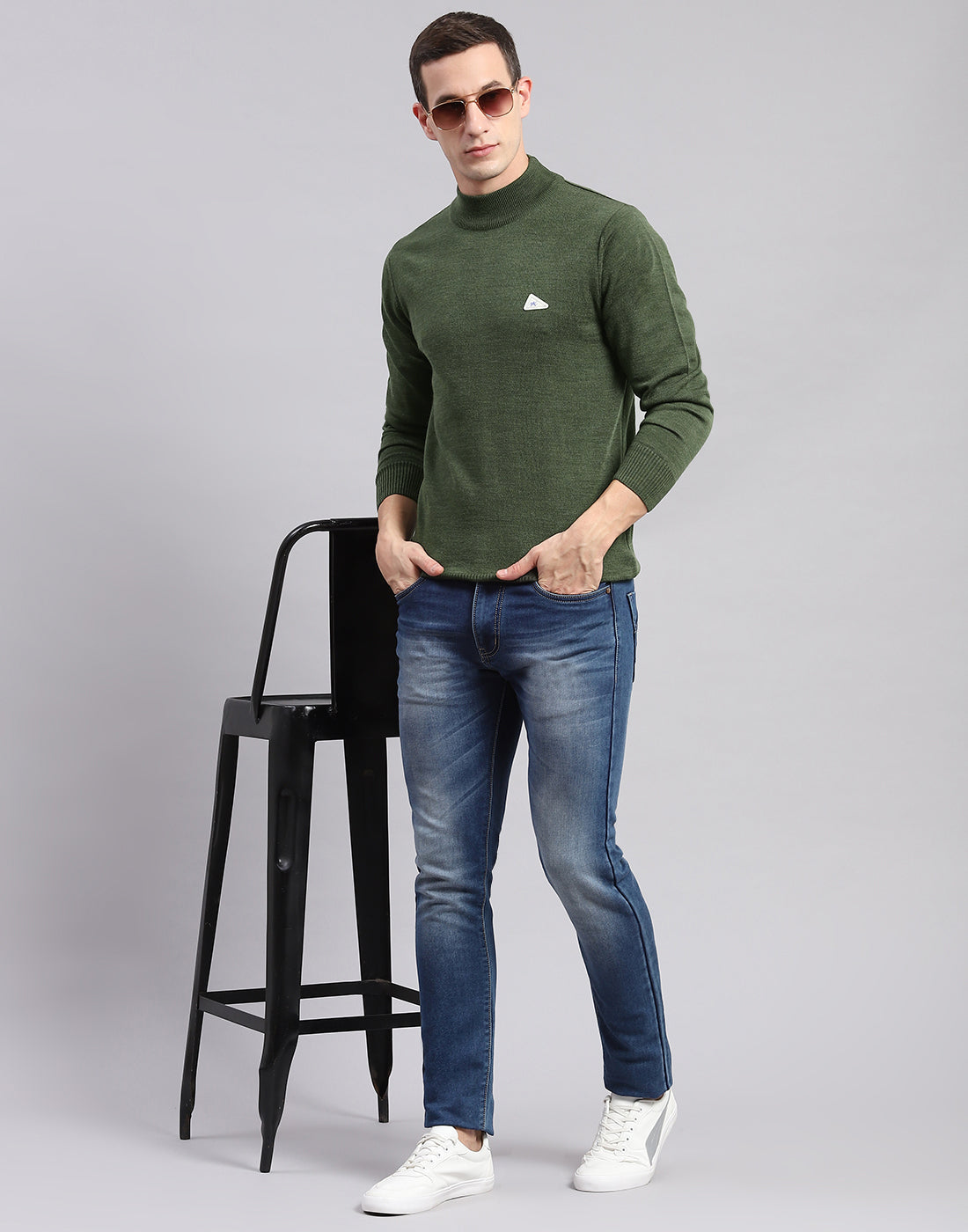 Men Green Solid Turtle Neck Full Sleeve Pullover