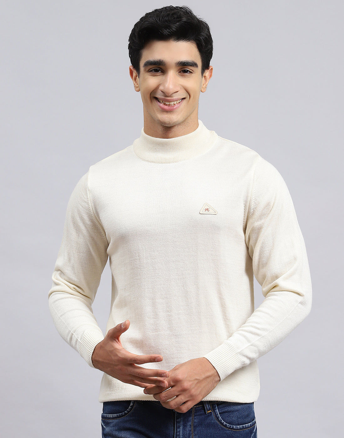 Men Cream Solid Turtle Neck Full Sleeve Pullover