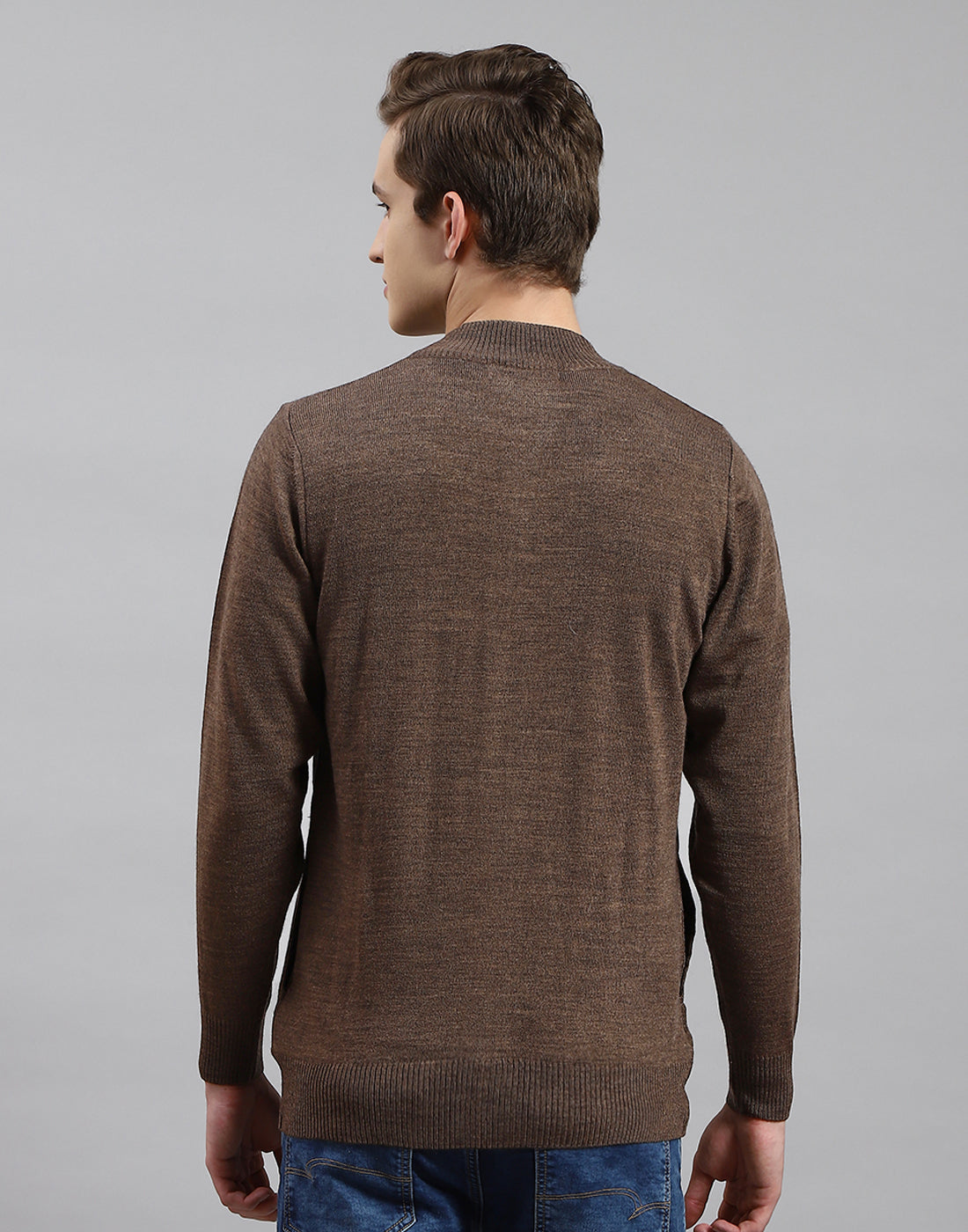 Men Brown Solid Stand Collar Full Sleeve Pullover