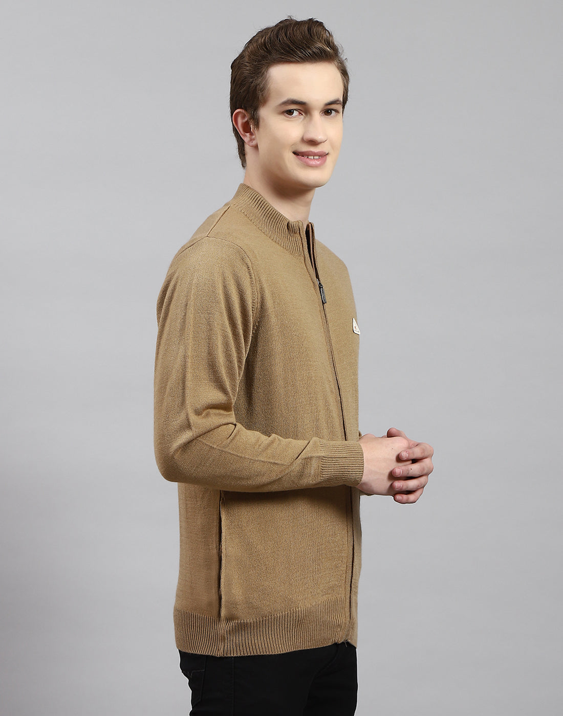 Men Brown Solid Stand Collar Full Sleeve Pullover