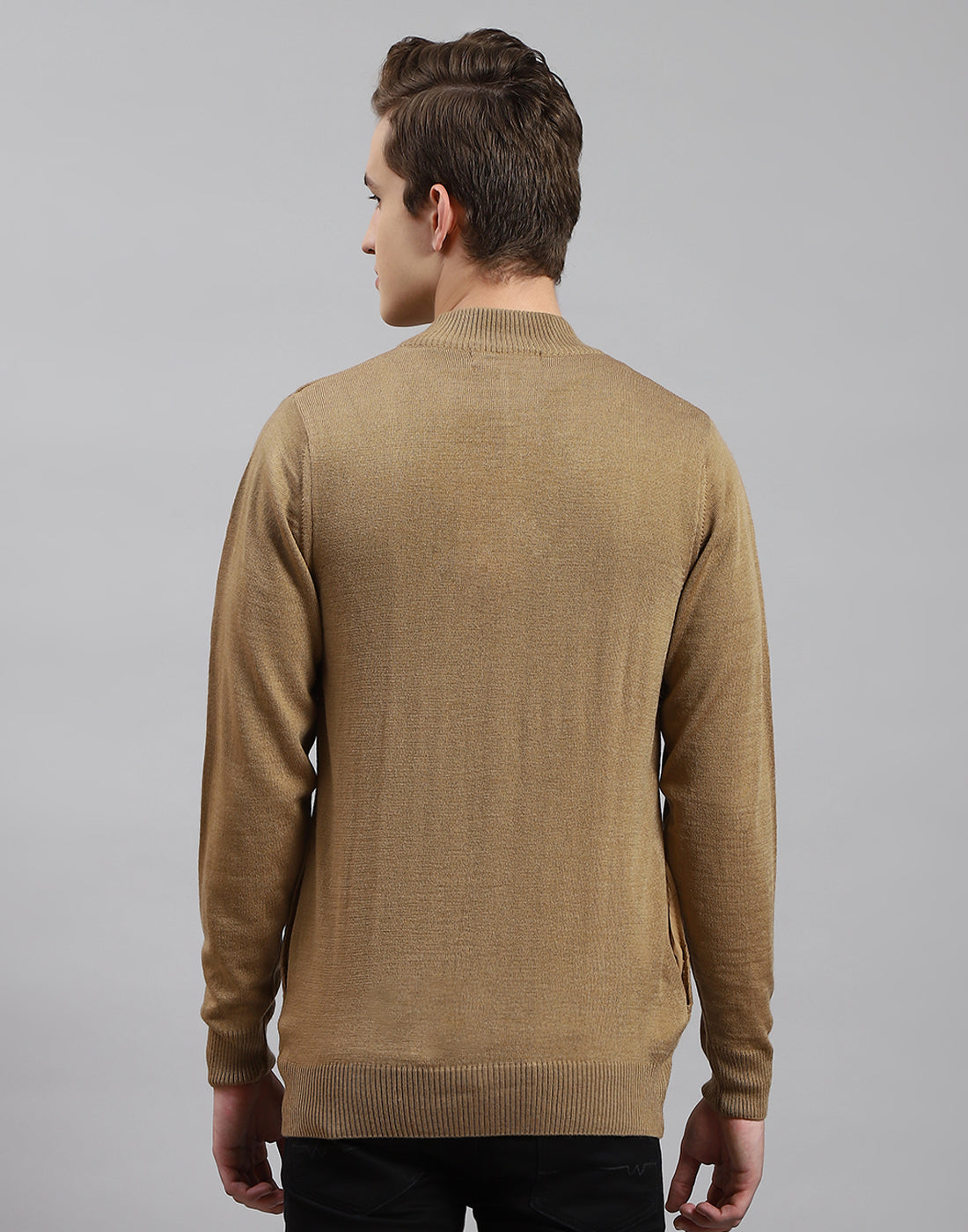 Men Brown Solid Stand Collar Full Sleeve Pullover