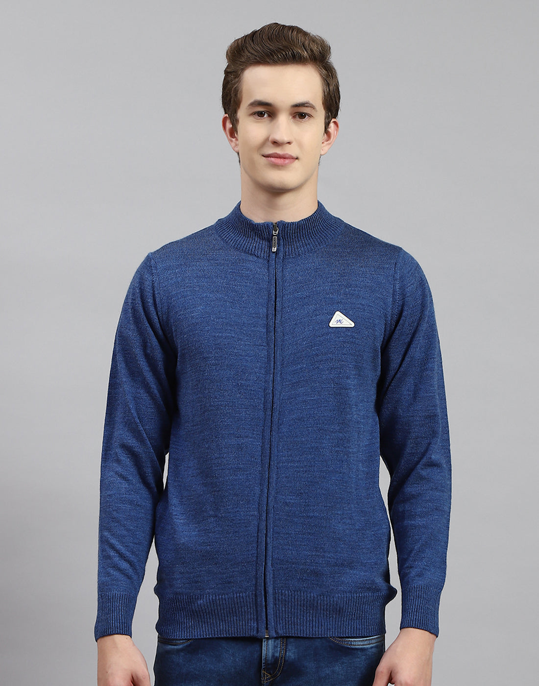 Men Blue Solid Stand Collar Full Sleeve Pullover