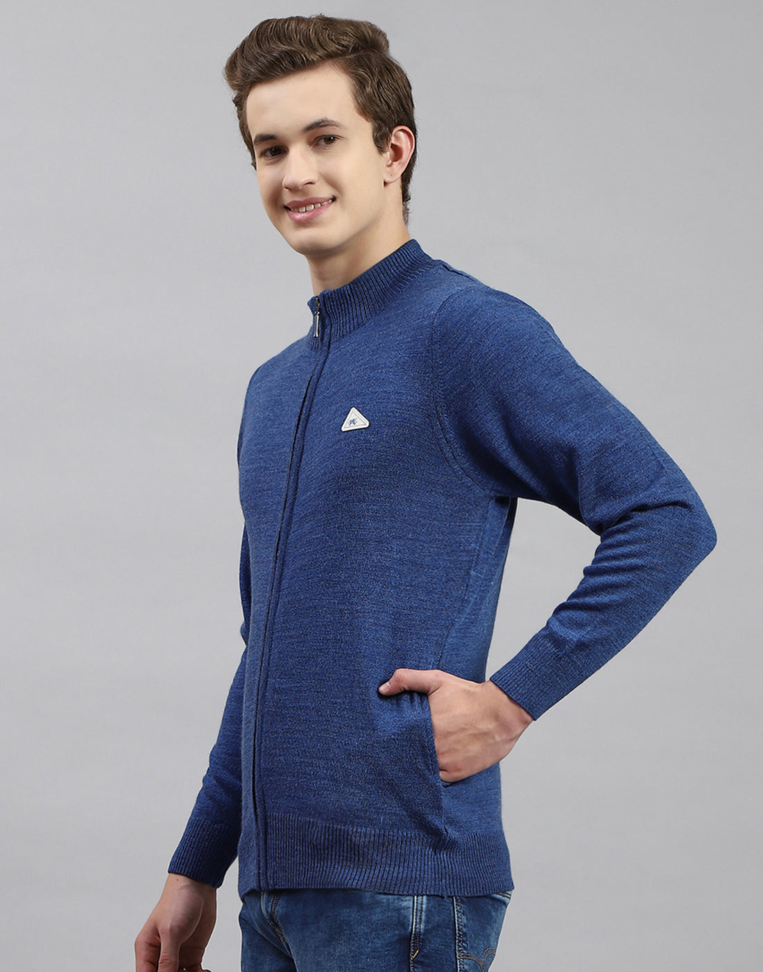 Men Blue Solid Stand Collar Full Sleeve Pullover