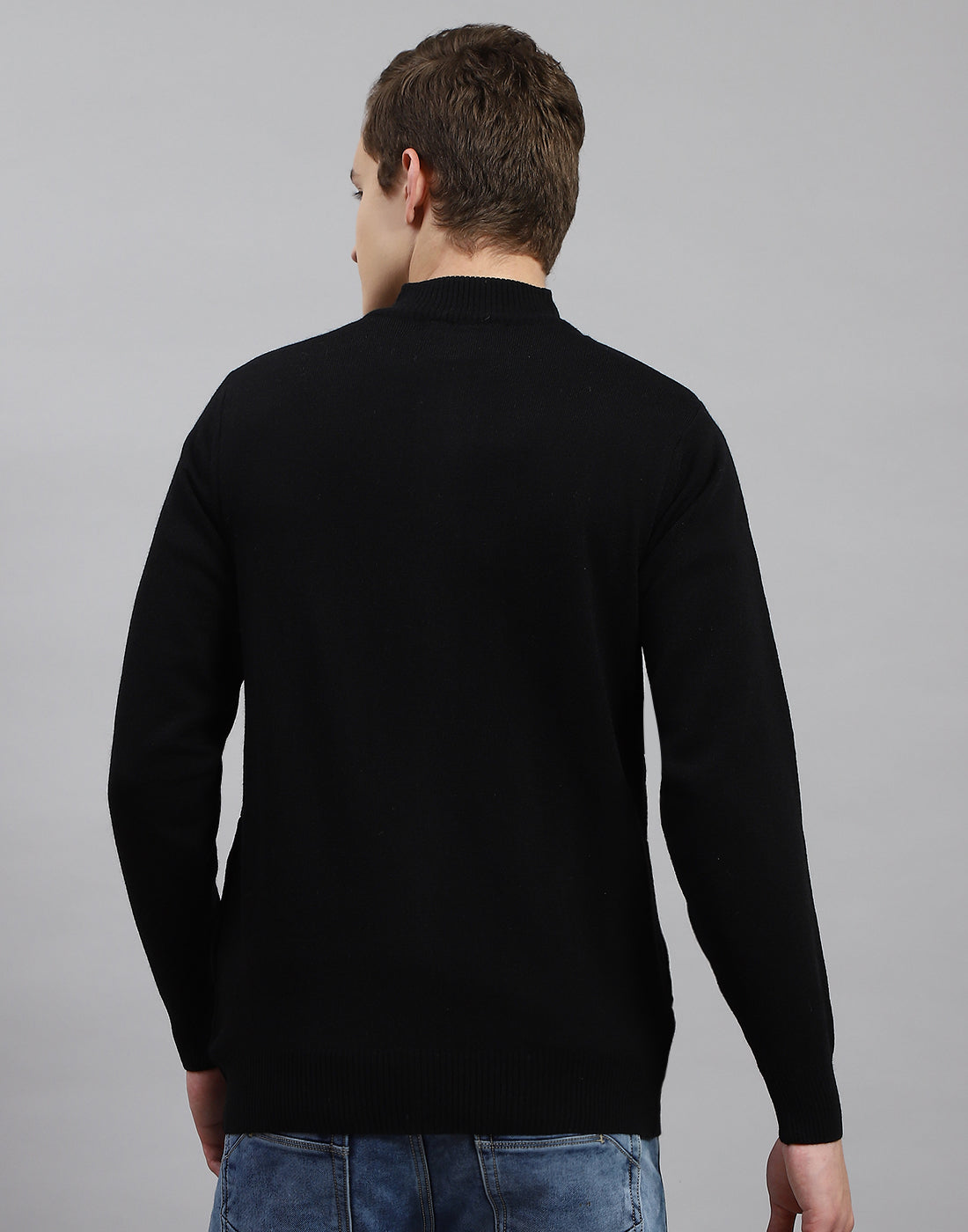 Men Black Solid Stand Collar Full Sleeve Pullover