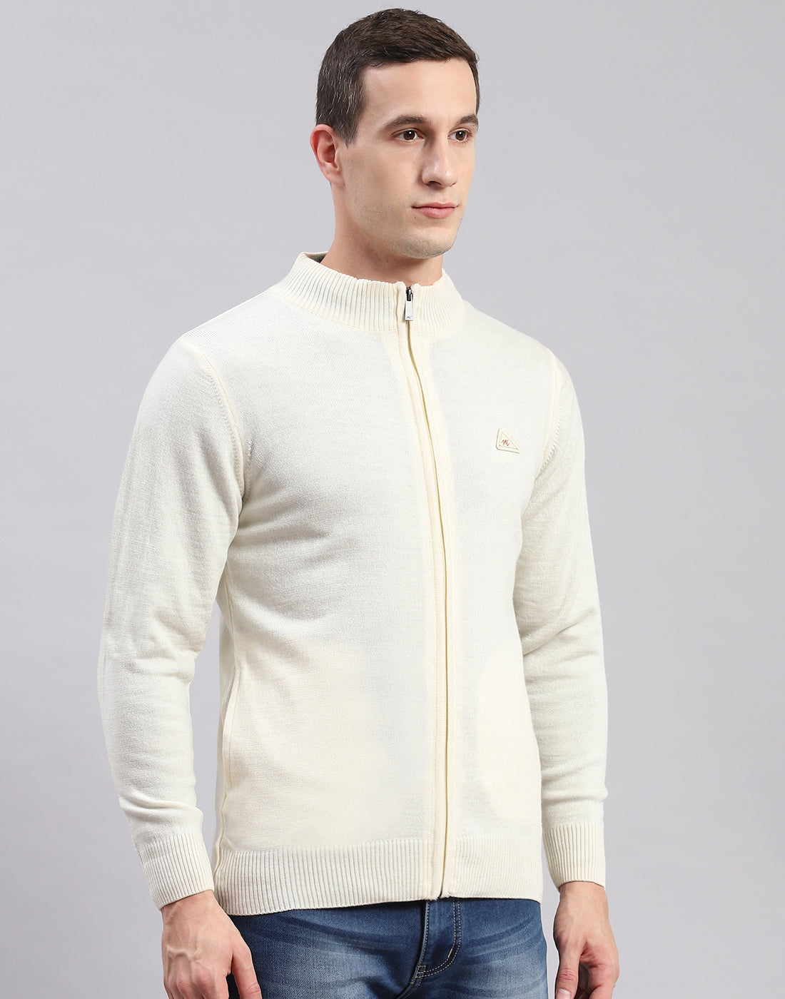 Men Cream Solid Stand Collar Full Sleeve Pullover