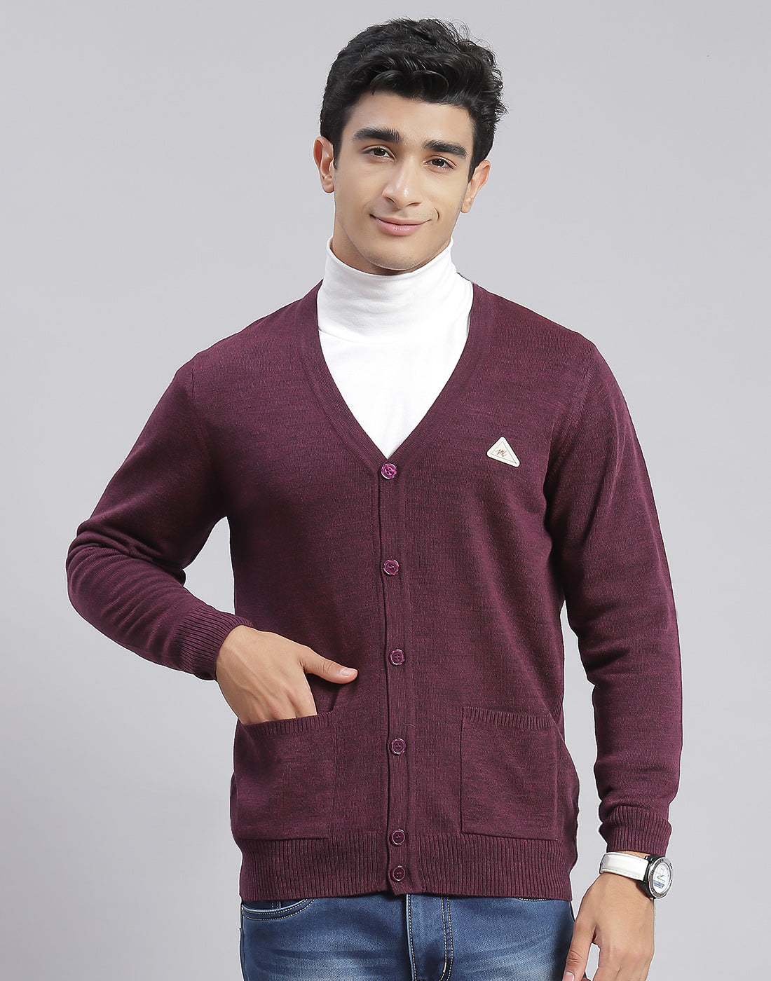 Men Purple Solid V Neck Full Sleeve Cardigan