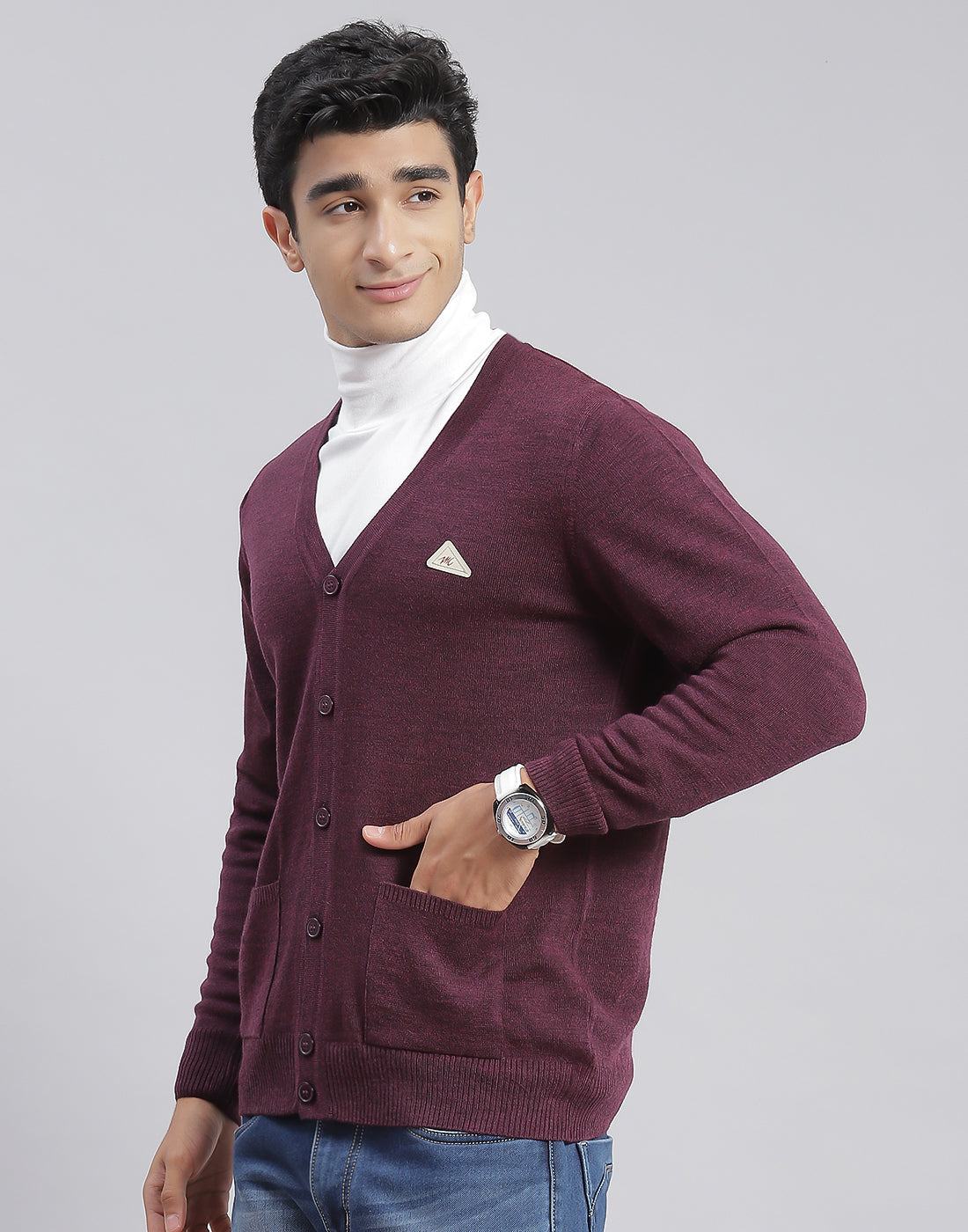 Men Purple Solid V Neck Full Sleeve Cardigan