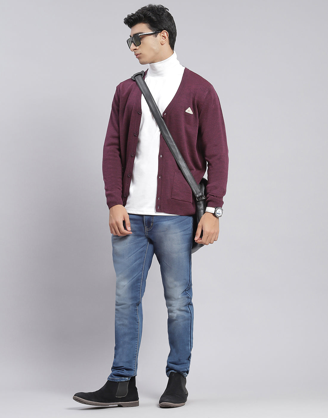 Men Purple Solid V Neck Full Sleeve Cardigan