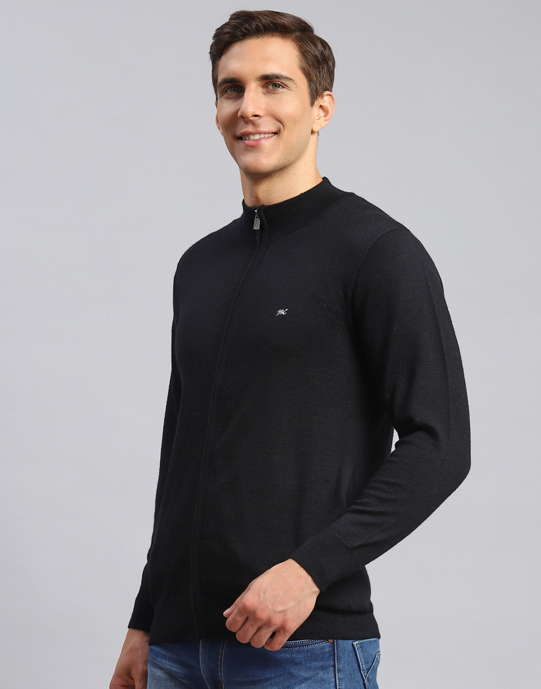 Men Black Solid Stand Collar Full Sleeve Pullover