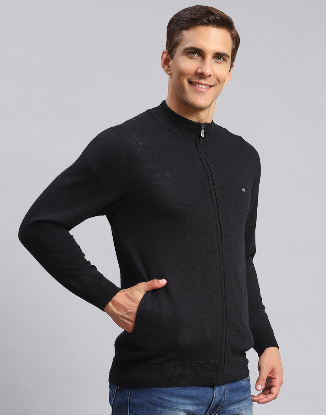 Men Black Solid Stand Collar Full Sleeve Pullover