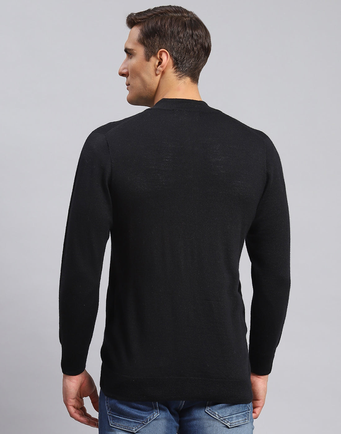 Men Black Solid Stand Collar Full Sleeve Pullover