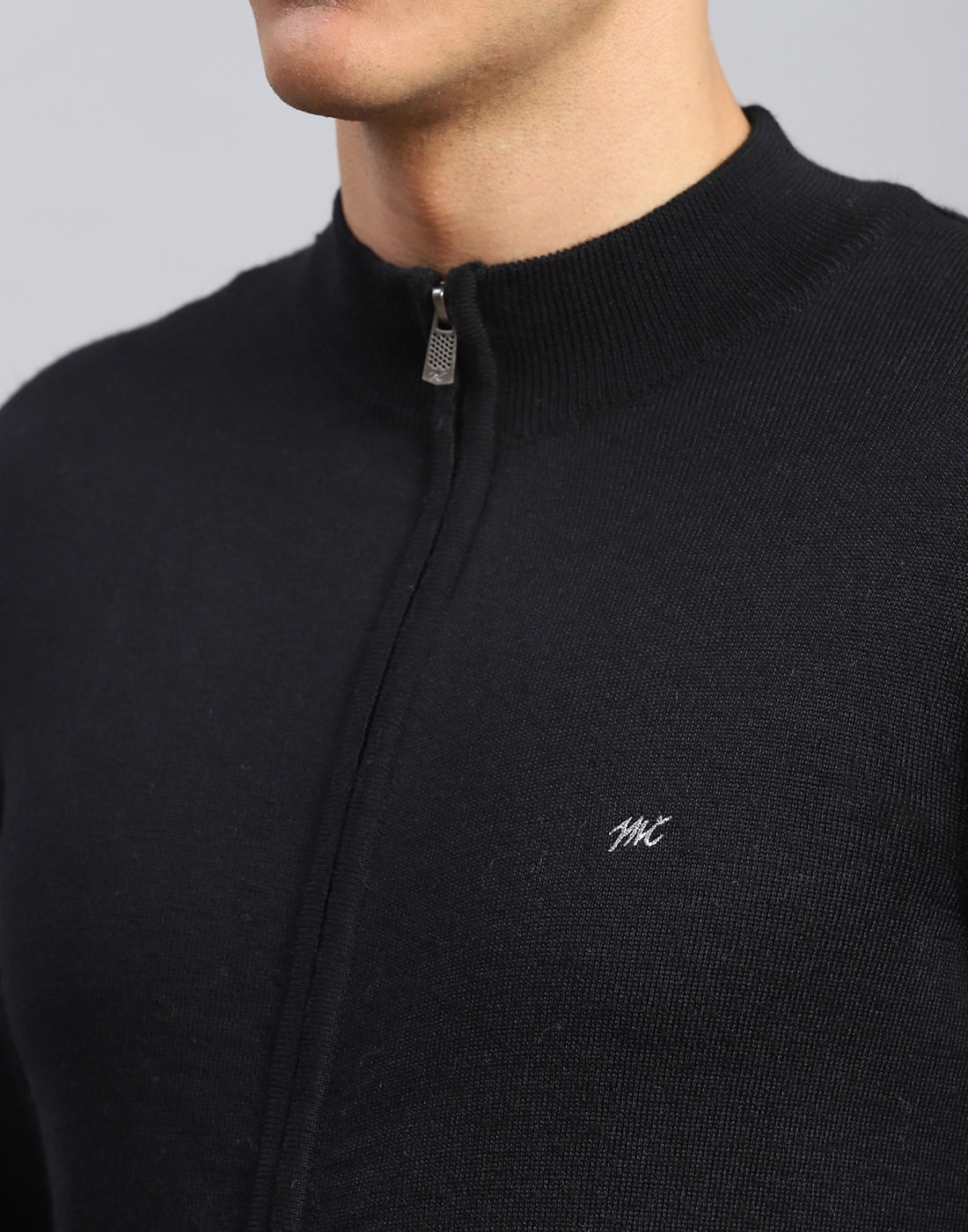 Men Black Solid Stand Collar Full Sleeve Pullover