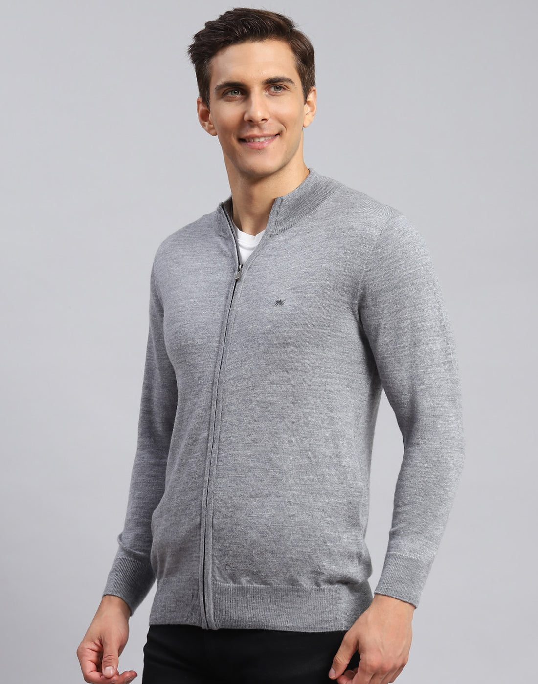 Men Grey Solid Stand Collar Full Sleeve Pullover