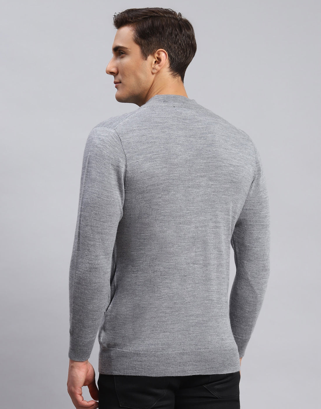 Men Grey Solid Stand Collar Full Sleeve Pullover