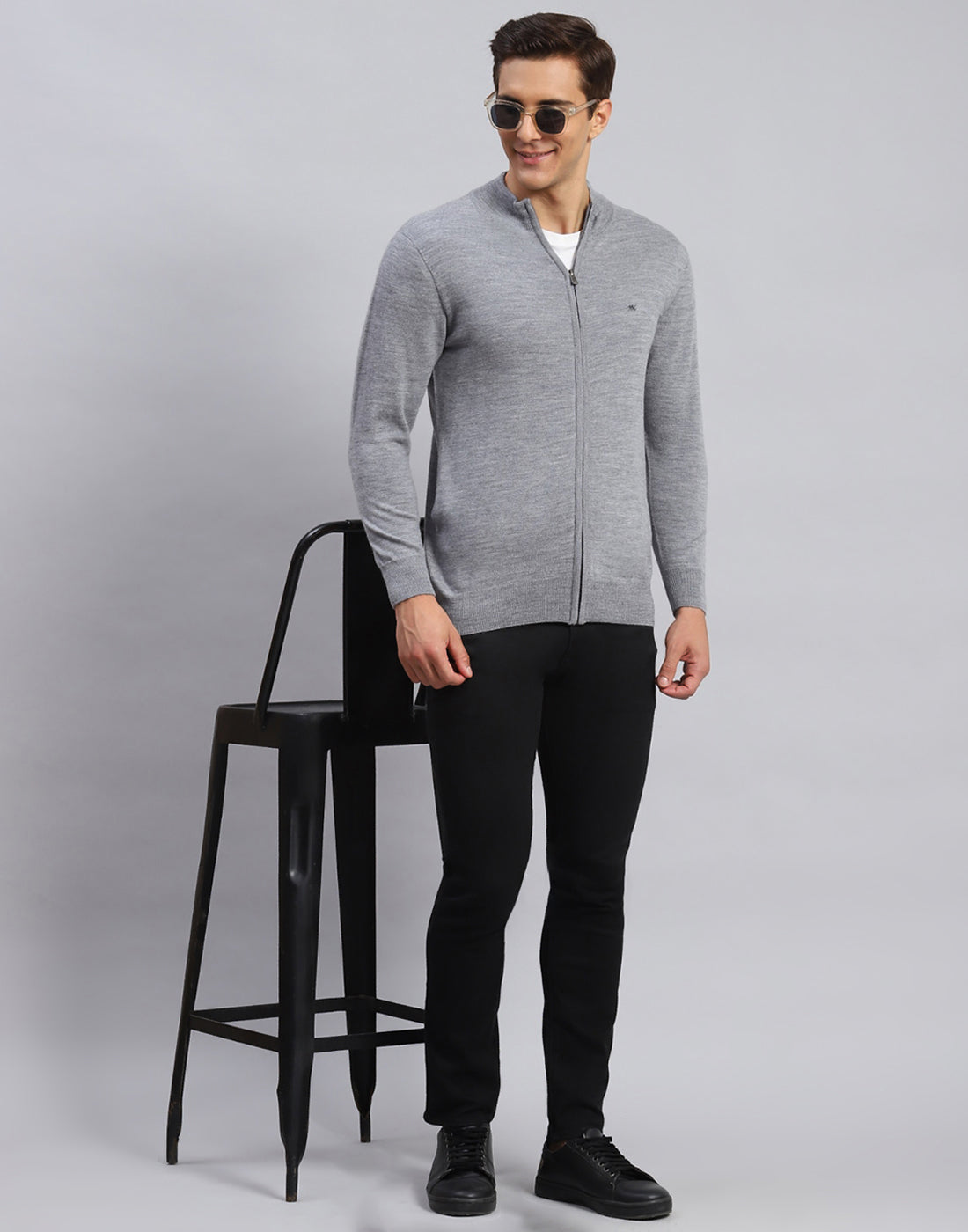 Men Grey Solid Stand Collar Full Sleeve Pullover