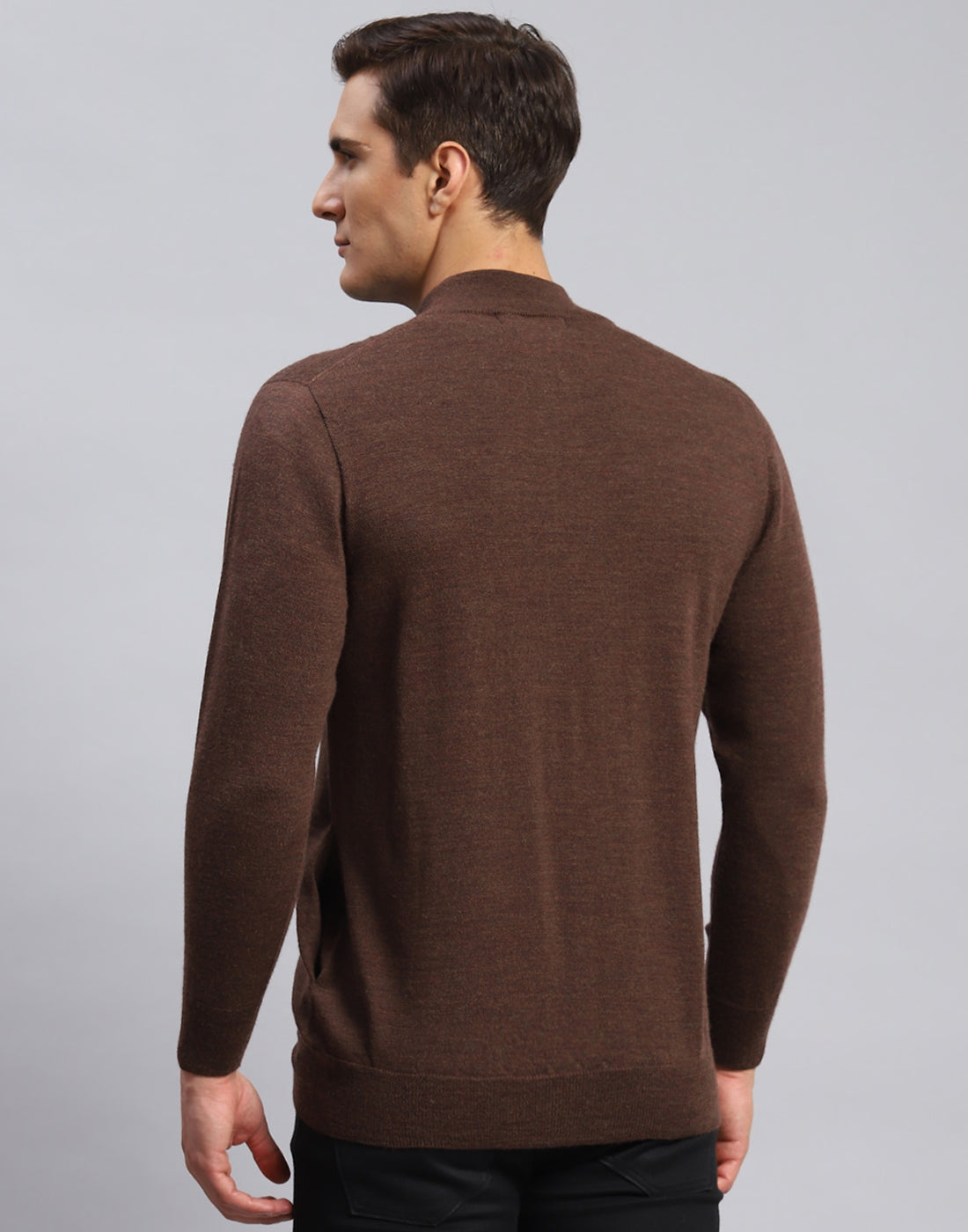 Men Brown Solid Stand Collar Full Sleeve Pullover