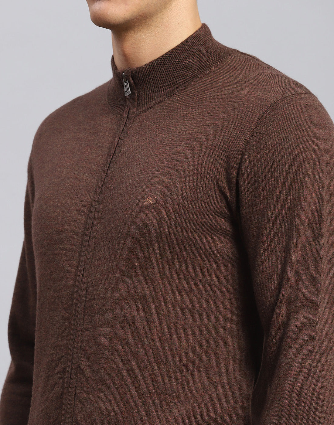 Men Brown Solid Stand Collar Full Sleeve Pullover