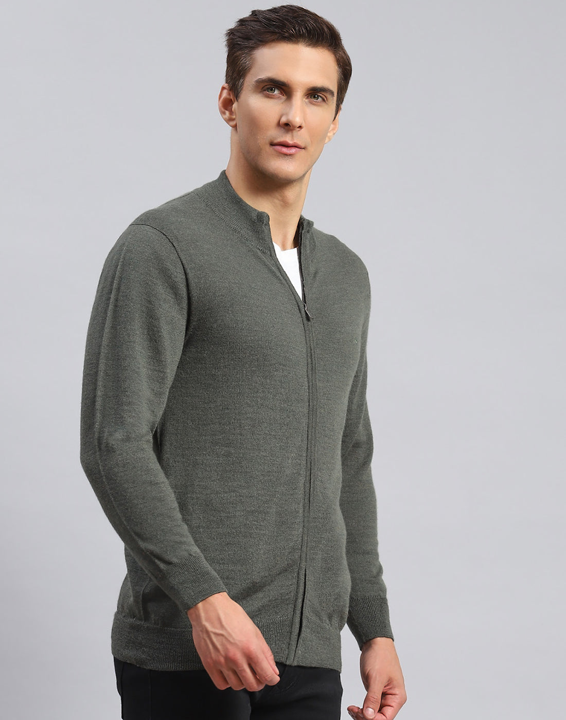 Men Olive Solid Stand Collar Full Sleeve Pullover