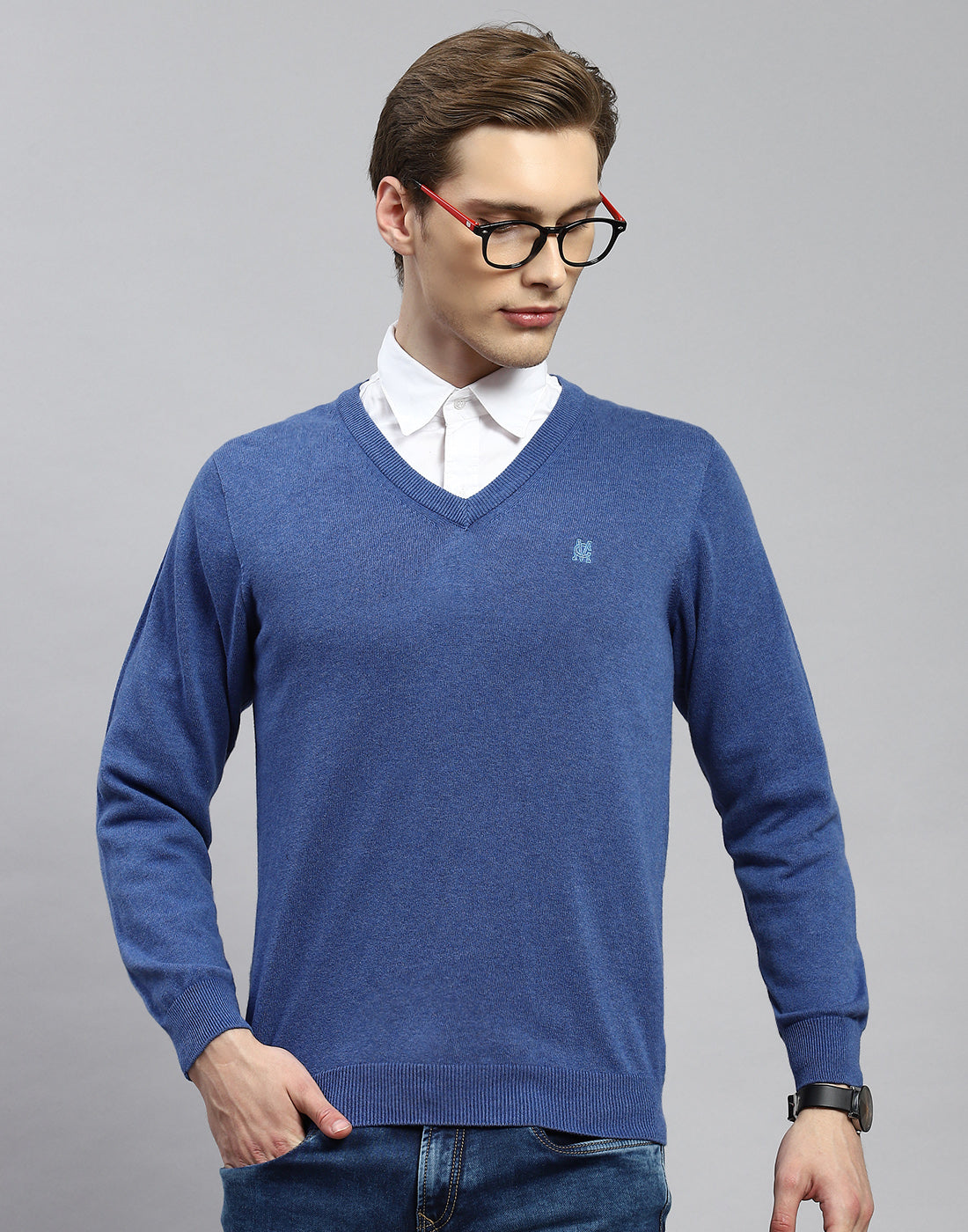 Men Blue Solid V Neck Full Sleeve Pullover