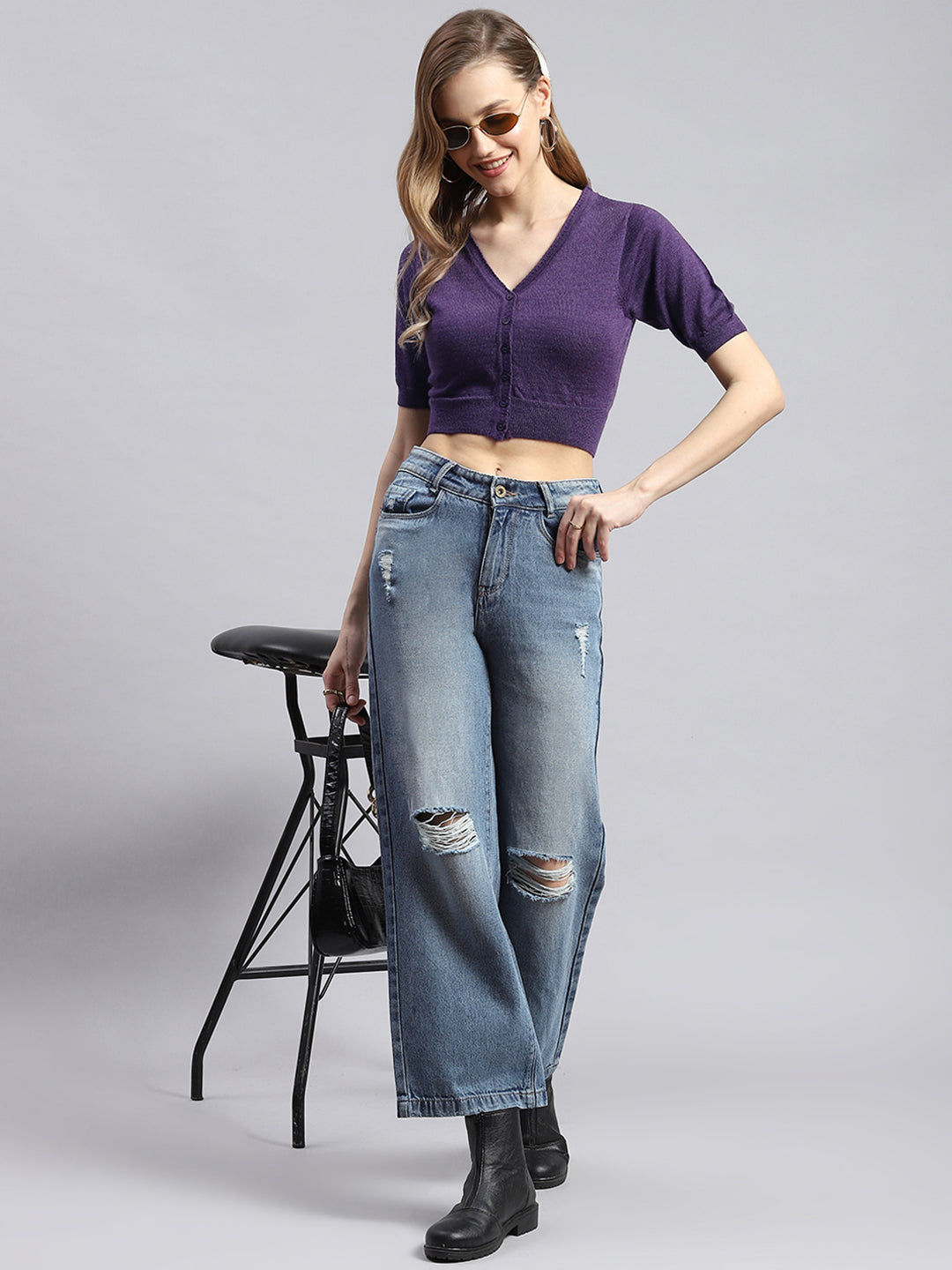 Women Purple Solid V Neck Half Sleeve Blouse