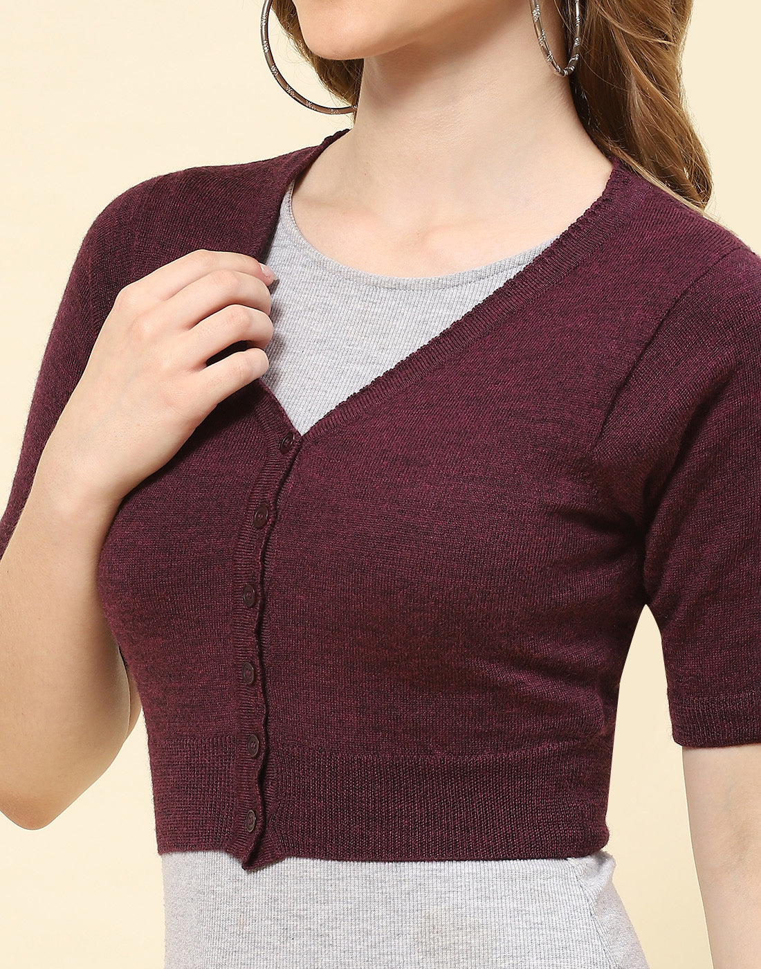 Women Maroon Solid V Neck Half Sleeve Blouse