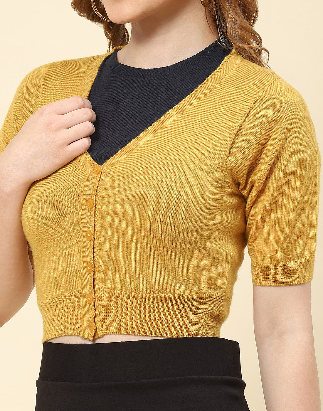 Women Mustard Solid V Neck Half Sleeve Blouse