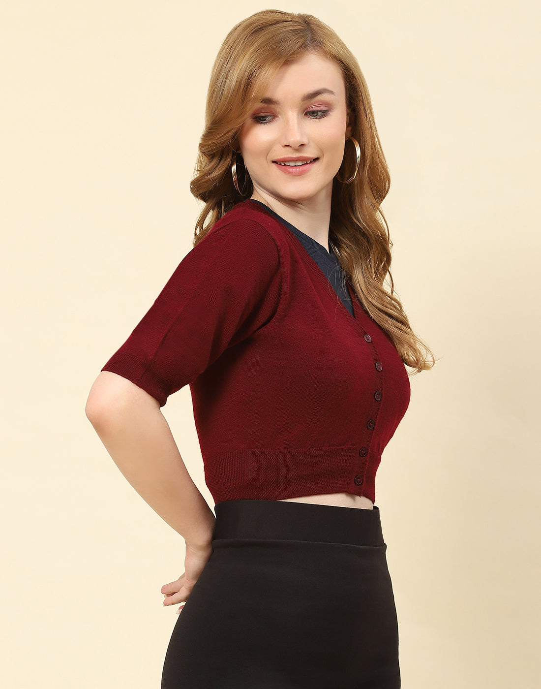 Women Maroon Solid V Neck Half Sleeve Blouse