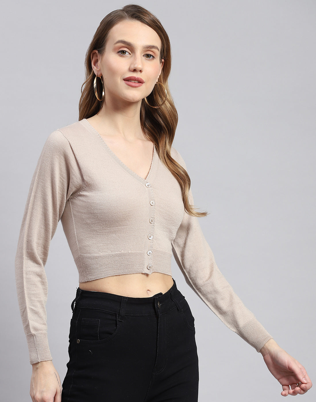 Women Beige Solid V Neck Full Sleeve Blouse