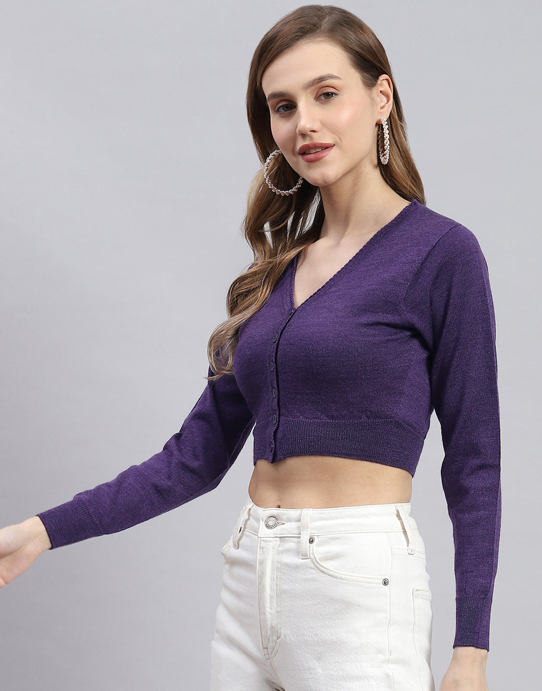 Women Purple Solid V Neck Full Sleeve Blouse