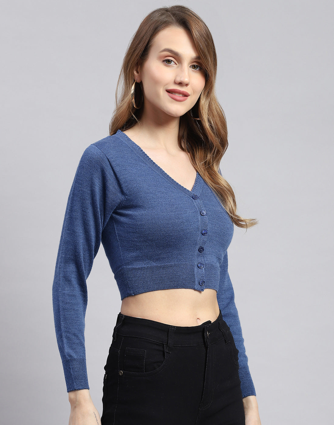 Women Blue Solid V Neck Full Sleeve Blouse