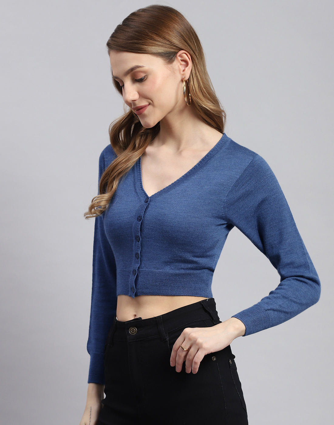 Women Blue Solid V Neck Full Sleeve Blouse