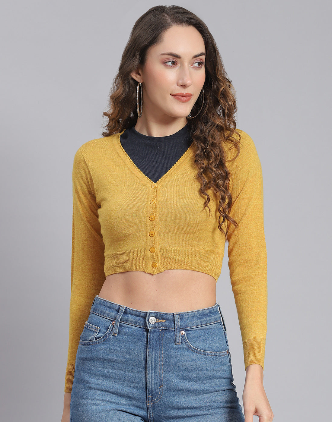 Women Mustard Solid V Neck Full Sleeve Blouse